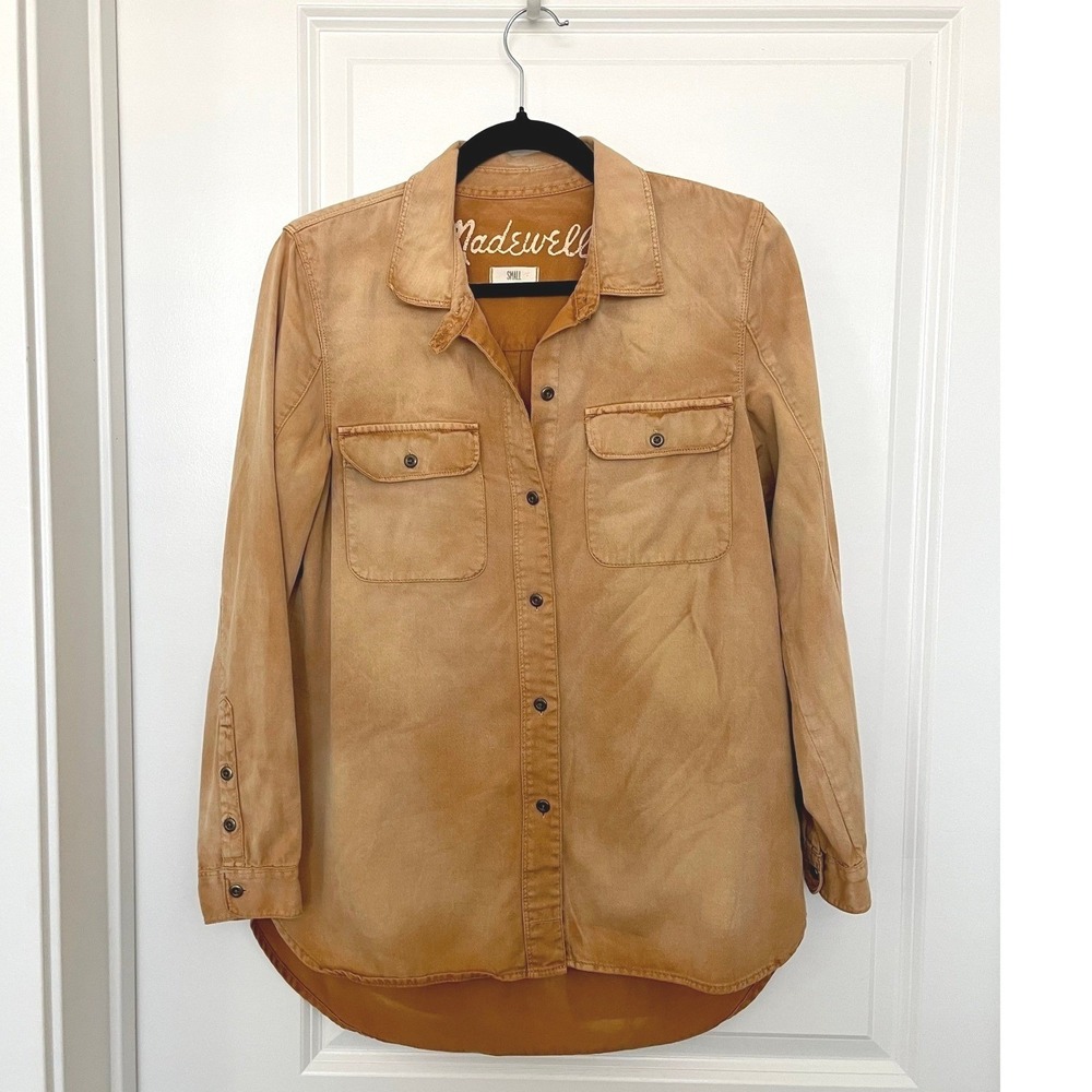 Madewell Small Camel Garment Dyed Cotton Utility Button Shirt High Low Hem - Picture 6 of 8